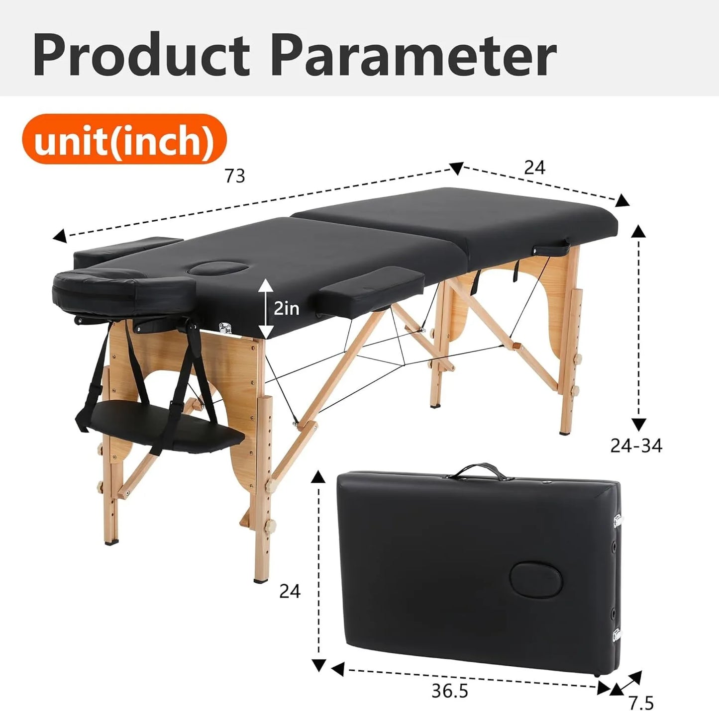 New Massage Table Massage Bed Spa Bed 73" Long Portable 2 folding W/ Carry Case