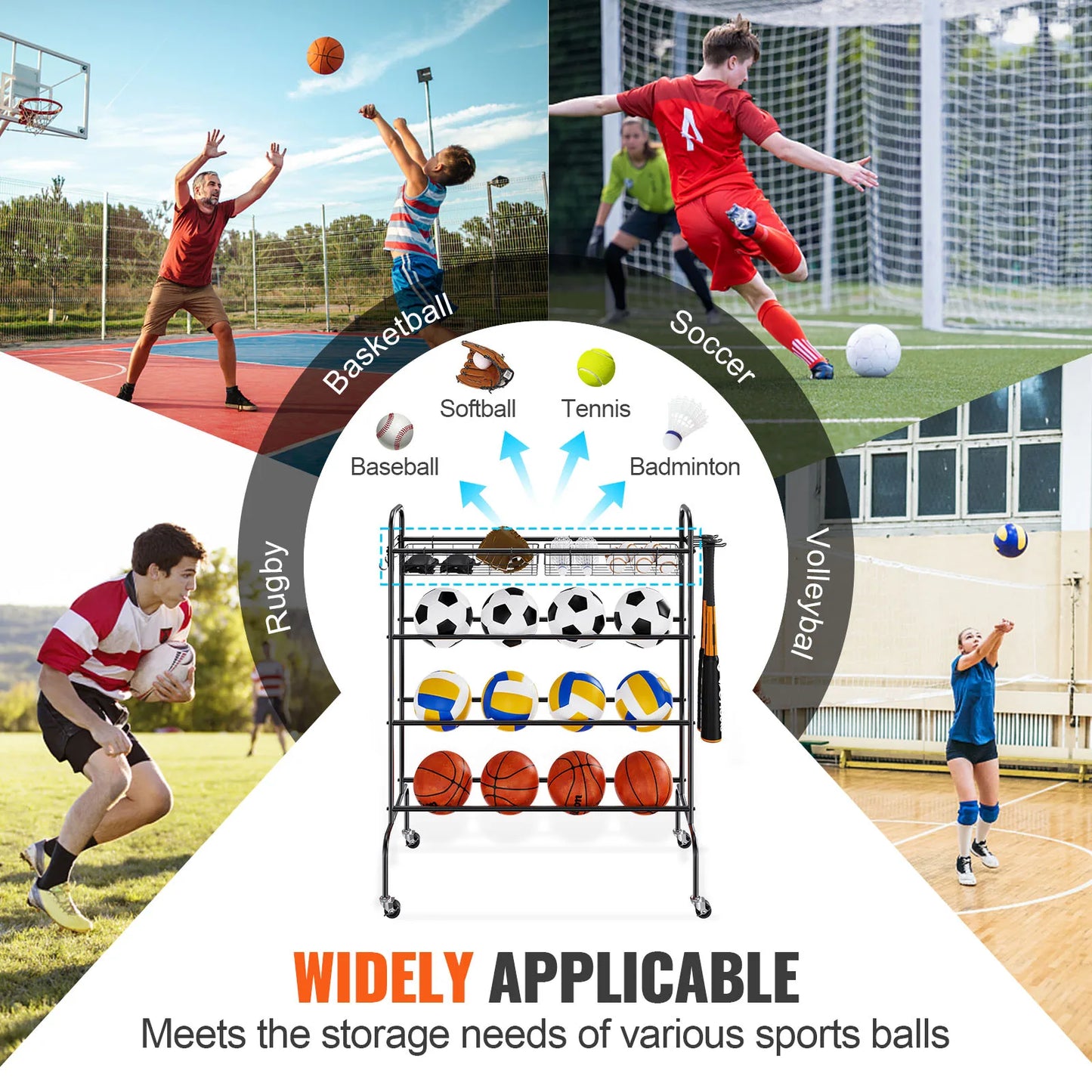 Four Layer Rolling Basketball Rack With Wheels Organizer