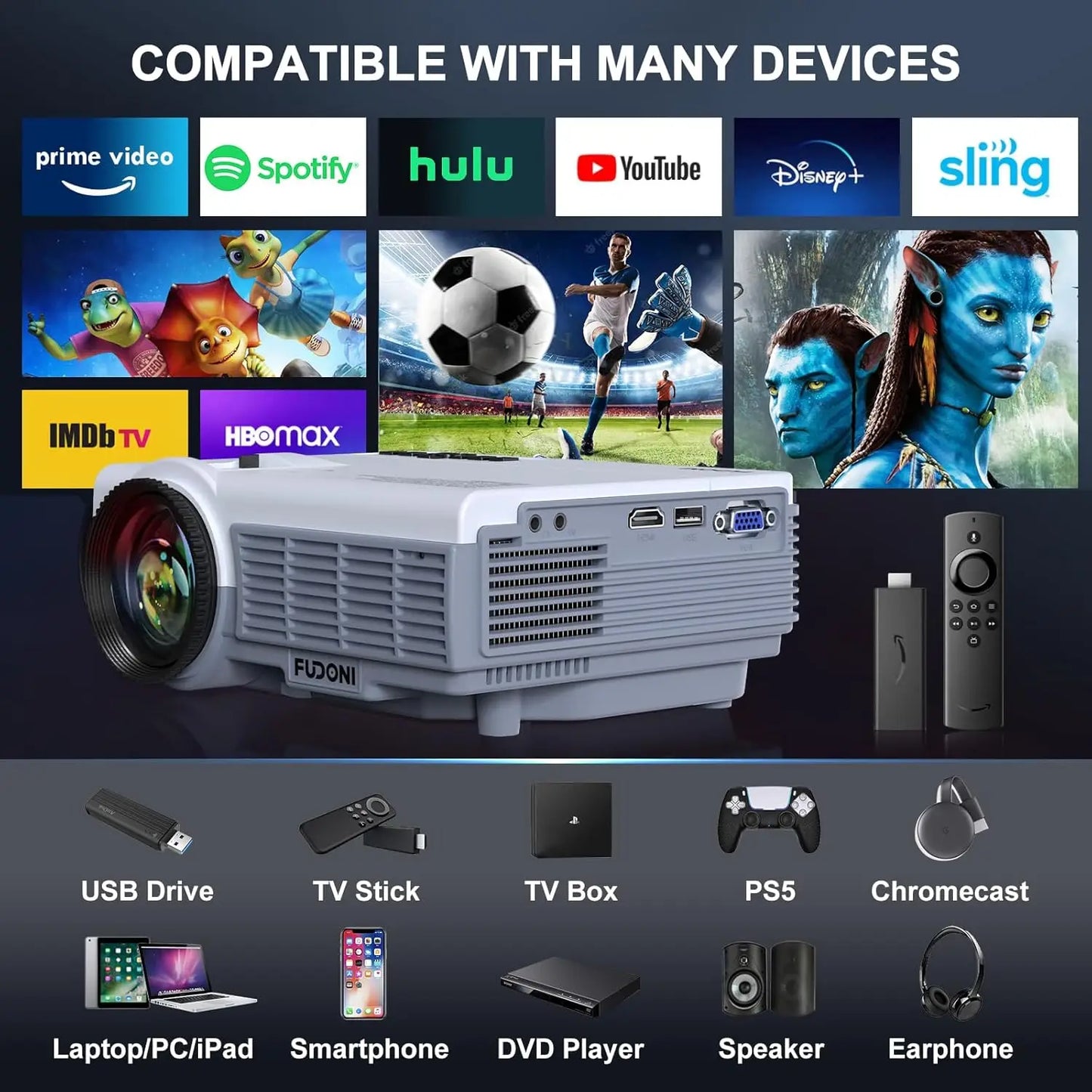 Upgrade 1080P Projector with WiFi & Bluetooth, 14000LM, 4K Supported, Portable Outdoor Home Theater, HDMI/USB/iOS/Android