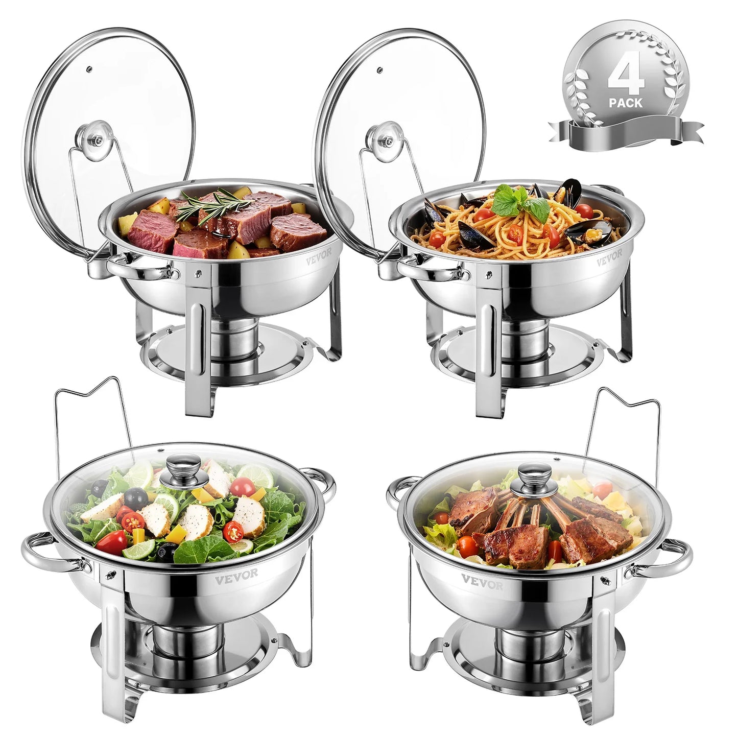 SucceBuy 5 Qt 4 Pack Chafing Dish Buffet Set Stainless Steel Chafer with 4 Full Size Pan Round Catering Warmer Server for Party