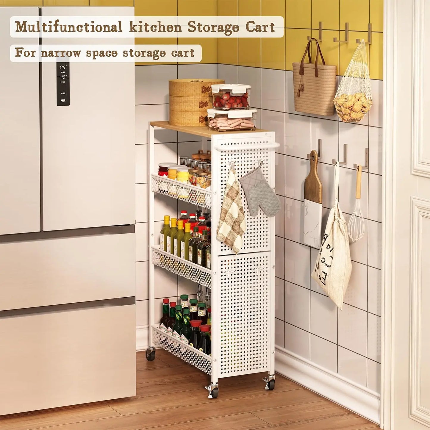 Slim Rolling Storage Cart With Wood Top And 4 Tier Shelves