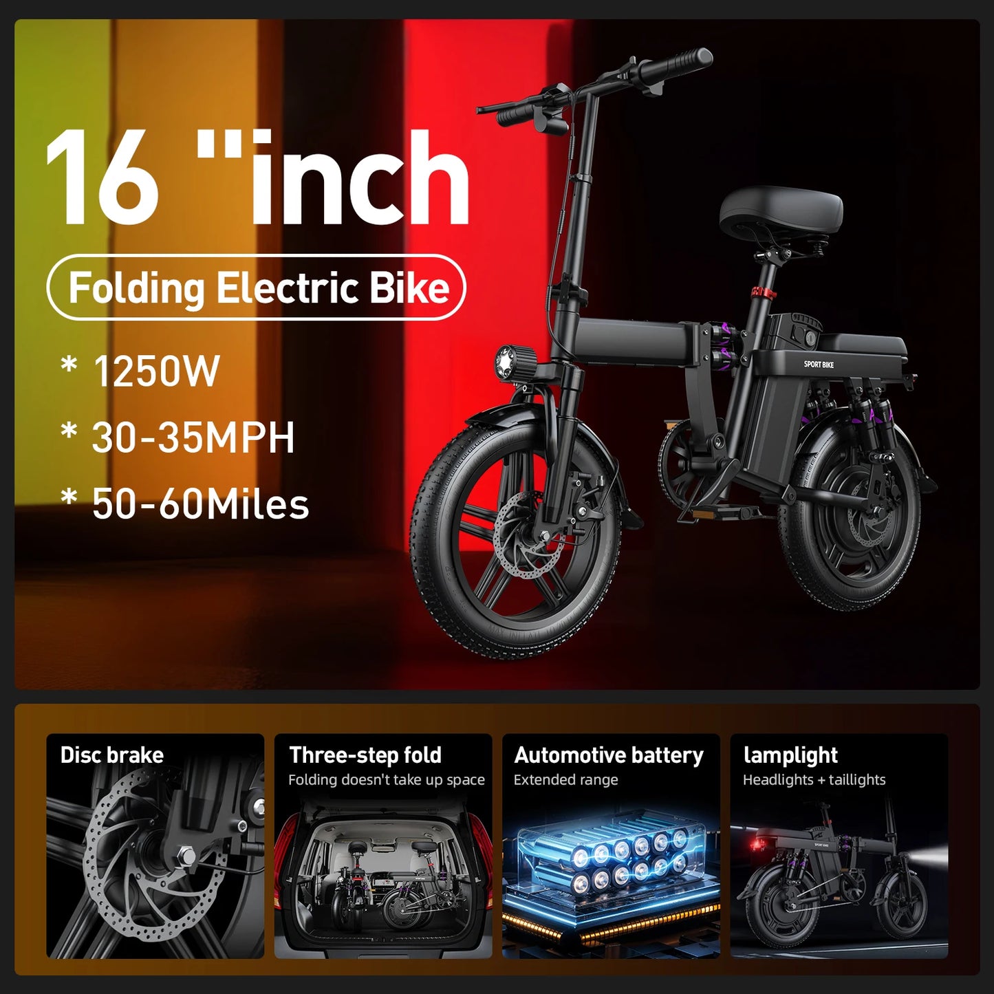 Toofly 1000W Electric Bike 16 Inch 48V 20Ah Lithium Battery Powerful Speed E-Bike City Commuting Bicycle Adult Unisex