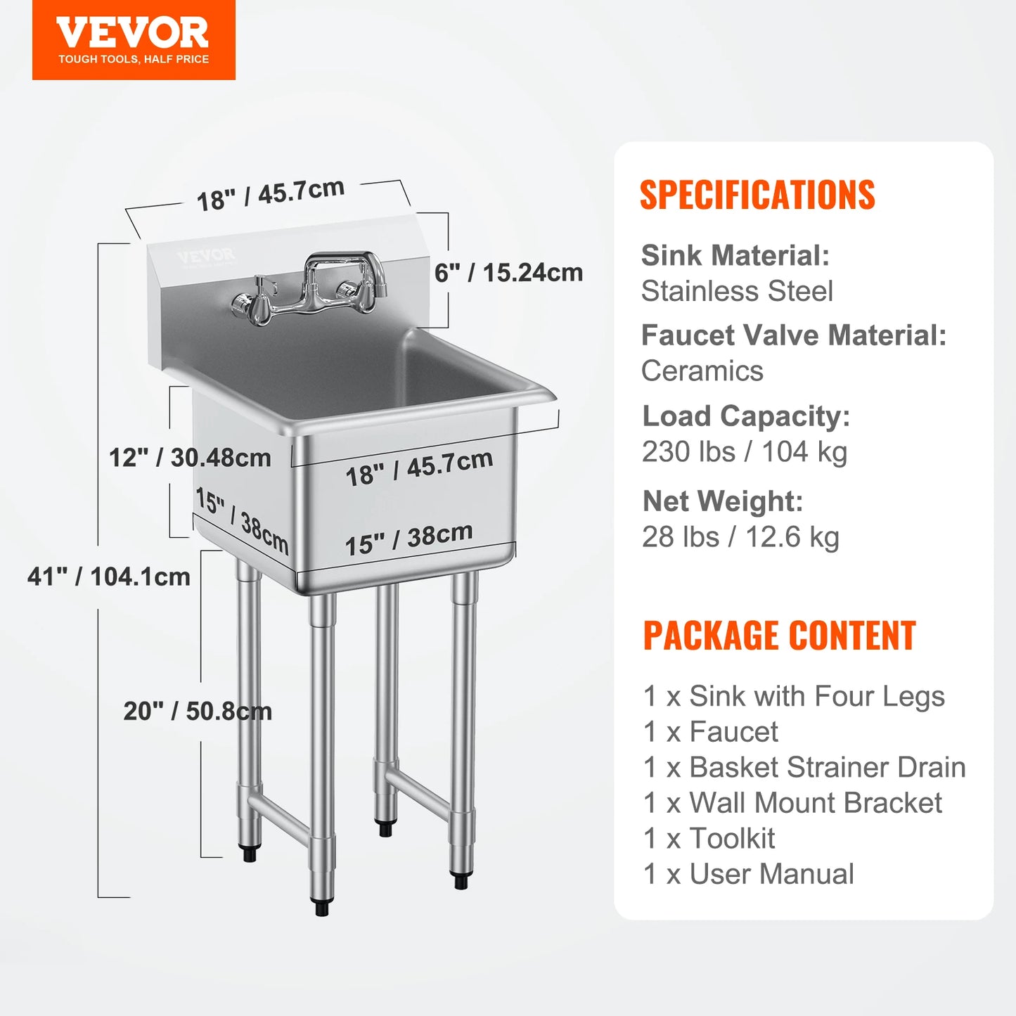 Stainless Steel Kitchen Prep Sink With Faucet For Restaurant