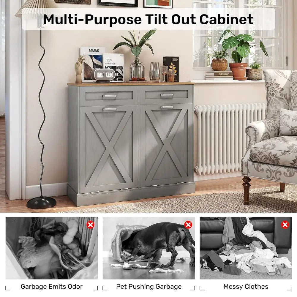 Double Tilt Out Trash and Recycling Cabinet with Hidden Drawers
