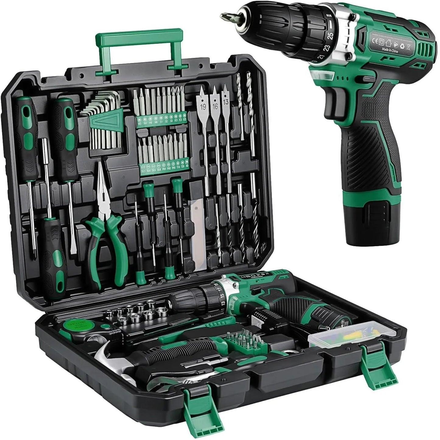 TLGREENDIY 138 Piece Power Tool Set With 12V Cordless Drill Kit