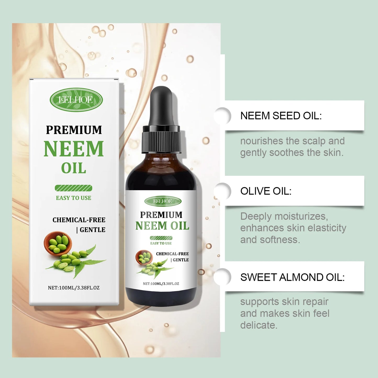 EELHOE Premium Neem Oil Massage Oil Activate Hair Follicles Stimulate Hair Growth Deeply Moisturize Nourish Skin Non-Irritating