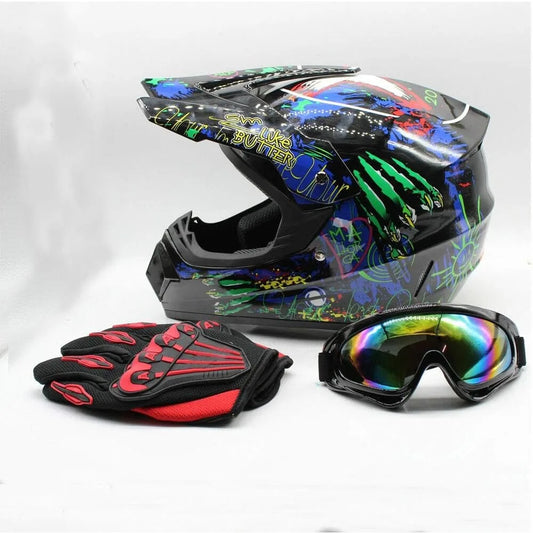 Motocross Helmet Kit Size L 57-58cm/22.44-22.83in - ABS Foam Sponge Fiber Fabric,Injection Moulding Painting,W/ Goggles & Gloves