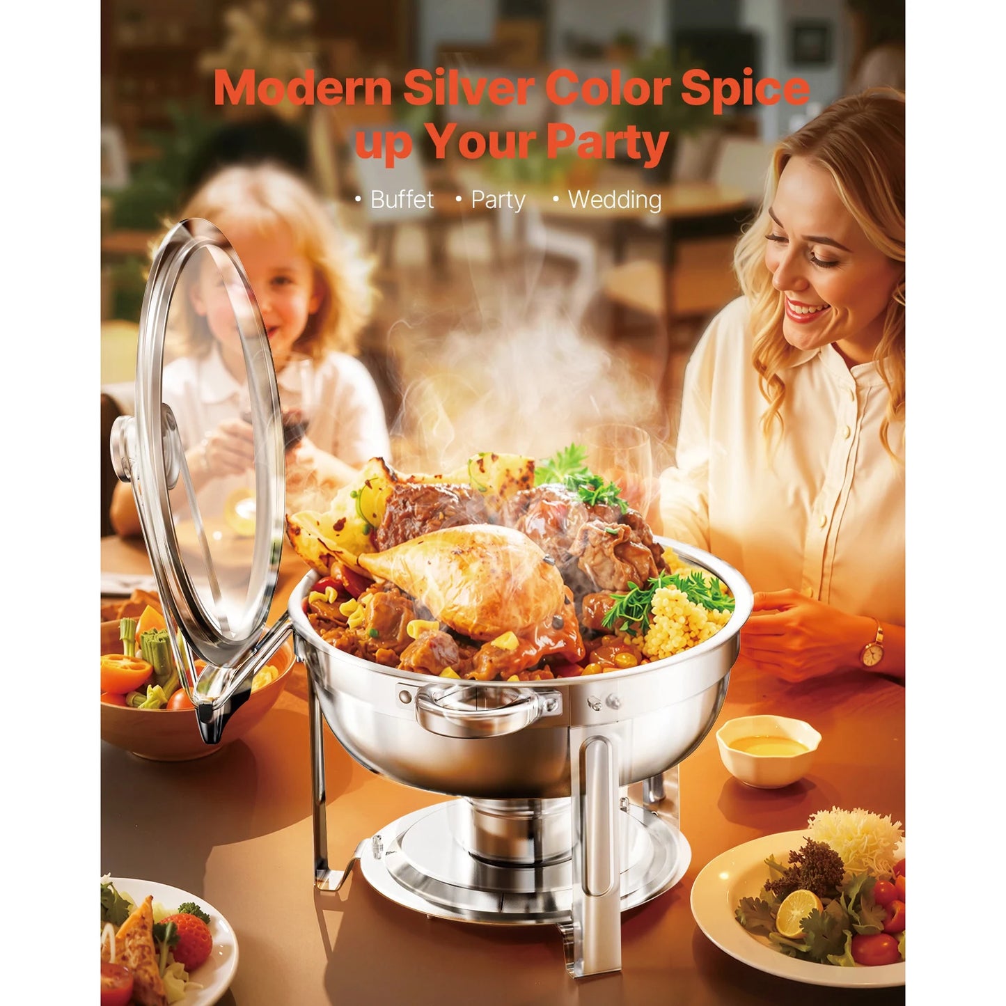 SucceBuy 5 Qt 4 Pack Chafing Dish Buffet Set Stainless Steel Chafer with 4 Full Size Pan Round Catering Warmer Server for Party