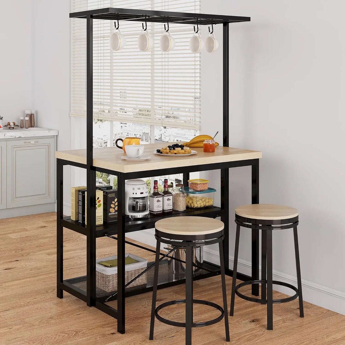 HiMISSH Kitchen Island With Storage And Power Outlet 3 Tier Bar Table