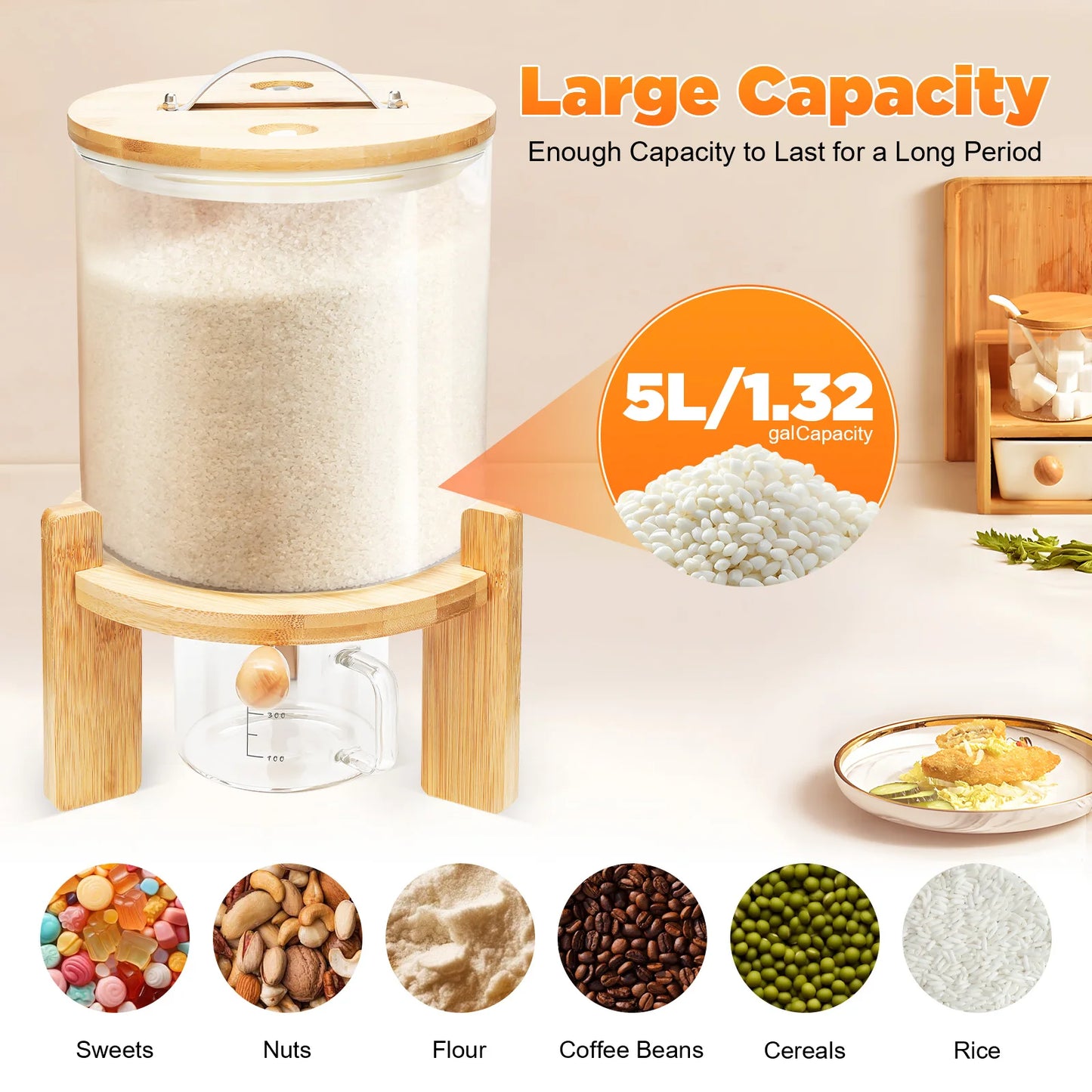 Clear Glass Cereal Dispenser With Airtight Bamboo Lid For Kitchen Storage