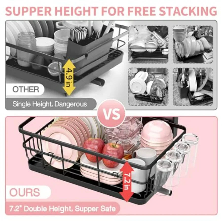 Kitchen Counter Dish Drying Rack With Drain Board Cup Holder