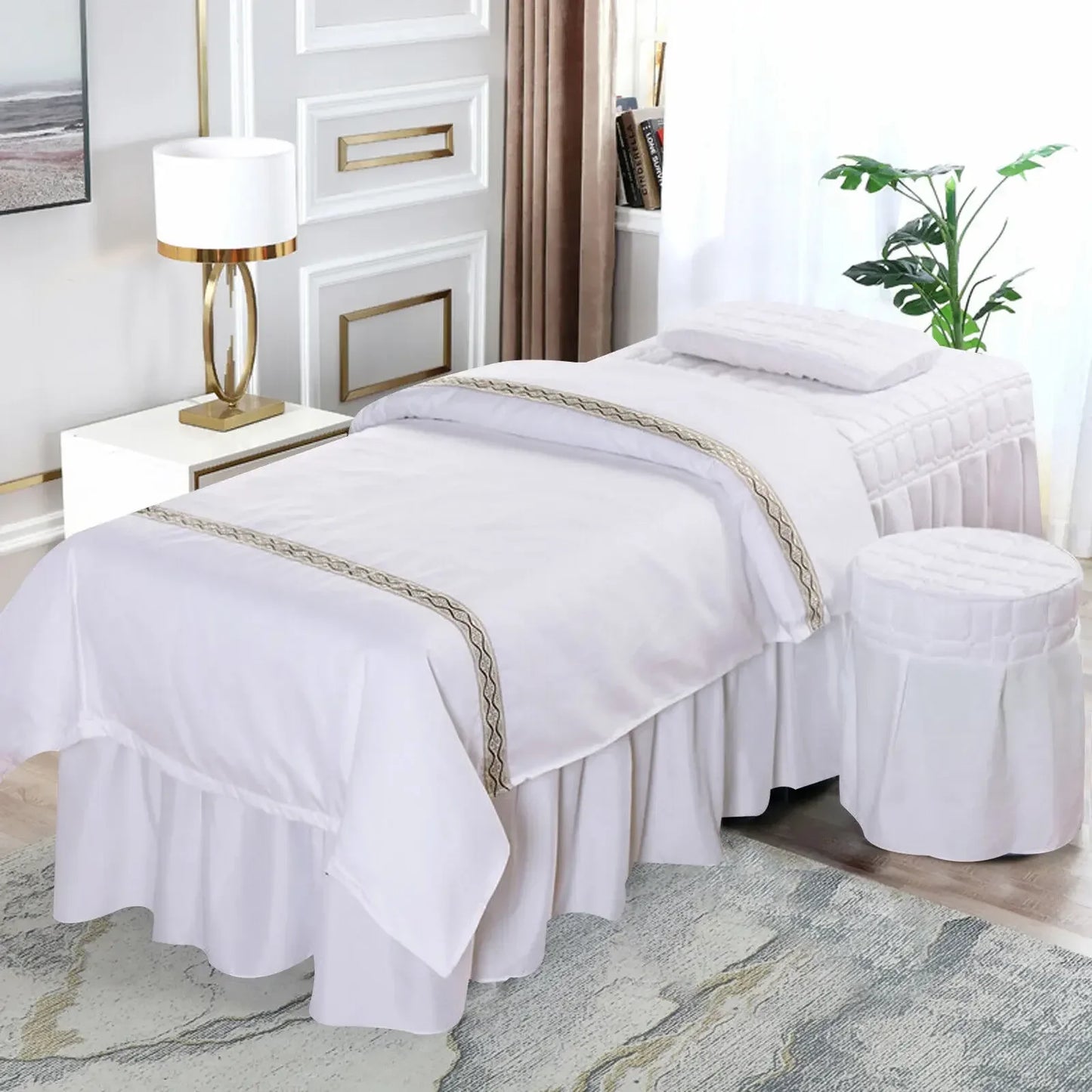 SPA Massage Table Full Cover Sheet Set White Soft Bedding Sheet Set Beauty Bedspread with Skirt for Salon & Spa Use