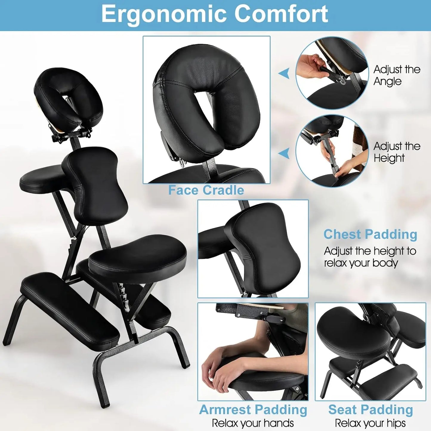 Foldable Tattoo Therapy Chair 4 Inches Thickness Sponge Face Cradle Spa Salon Massage Chair (Black)