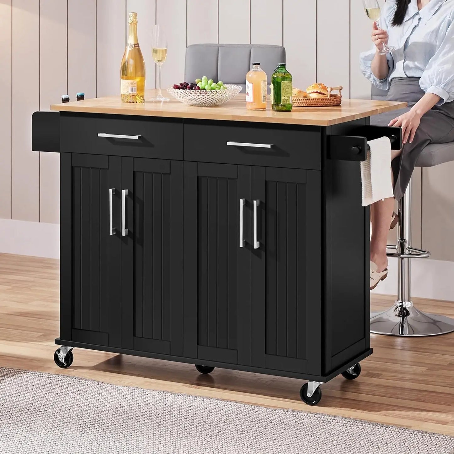 Rolling Kitchen Island Cart With Drop Leaf Storage Drawer