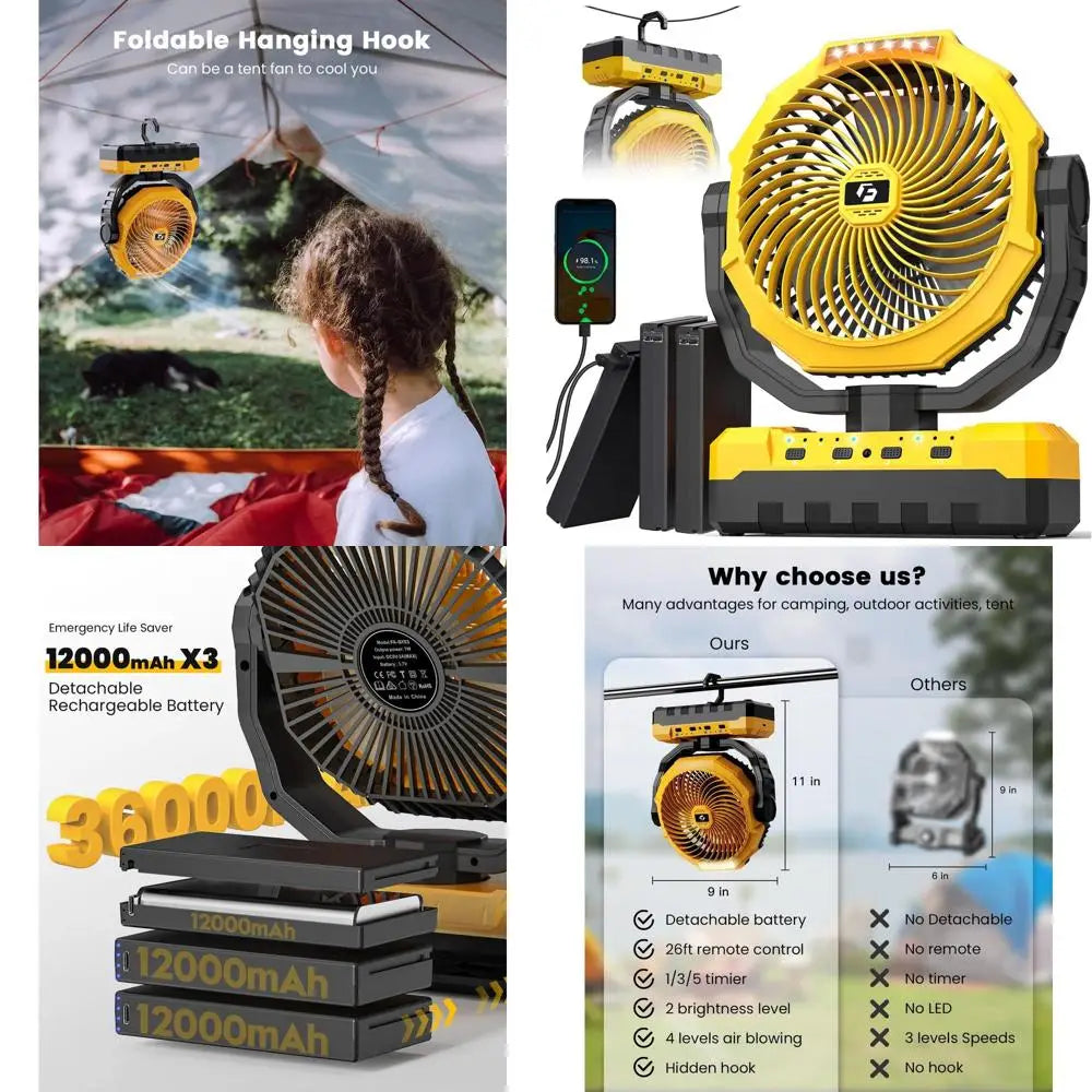 36000mAh Rechargeable Camping Fan with LED, Remote, and Detachable Battery for 150-Hour Use