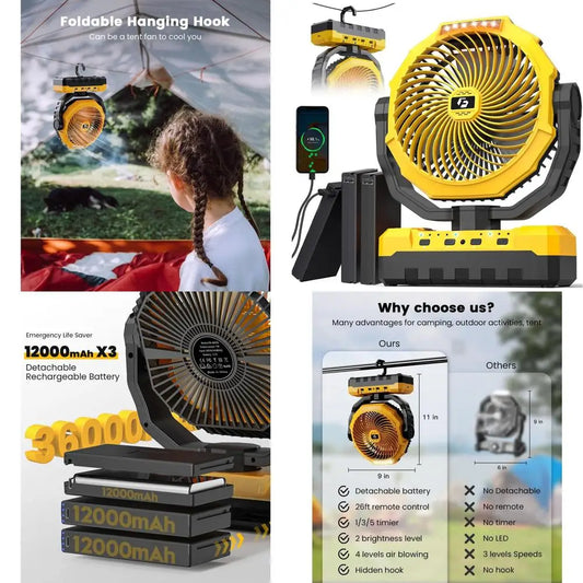36000mAh Rechargeable Camping Fan with LED, Remote, and Detachable Battery for 150-Hour Use
