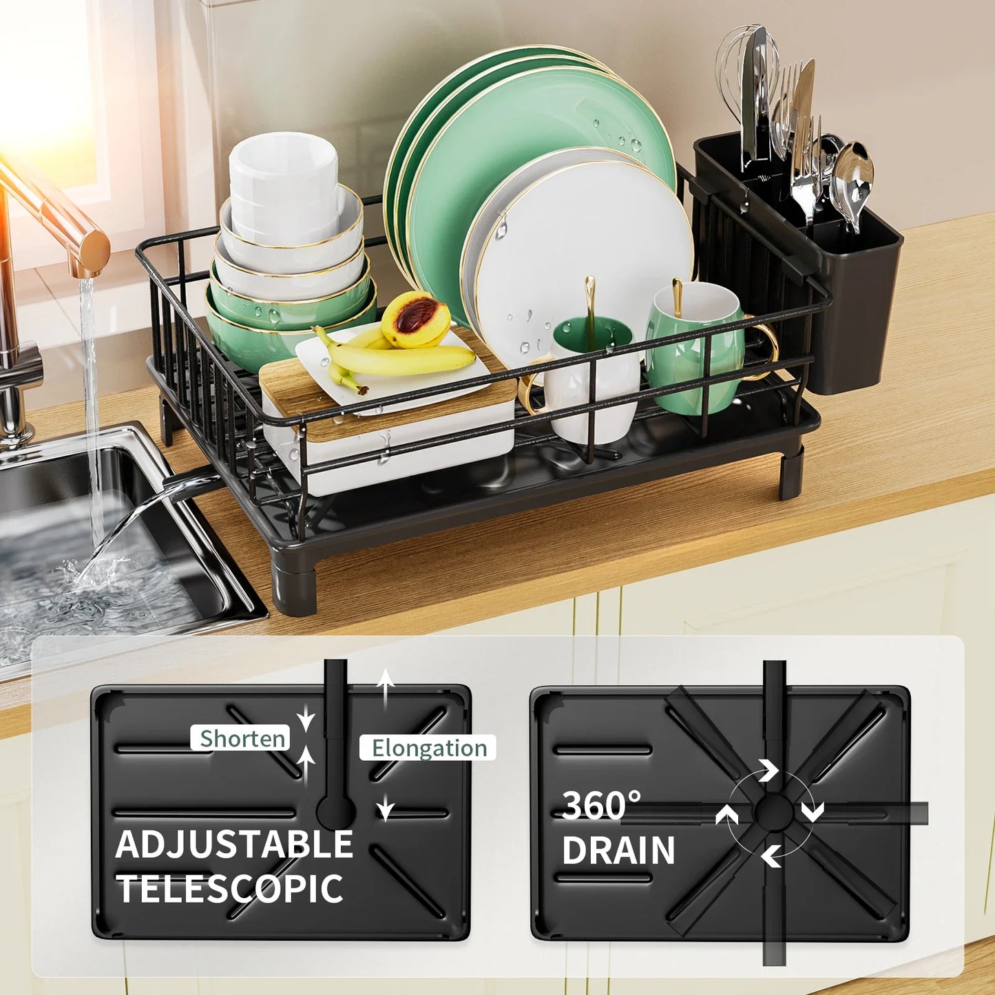 Dish Draining Rack With Cutlery Tray And Cup Holder