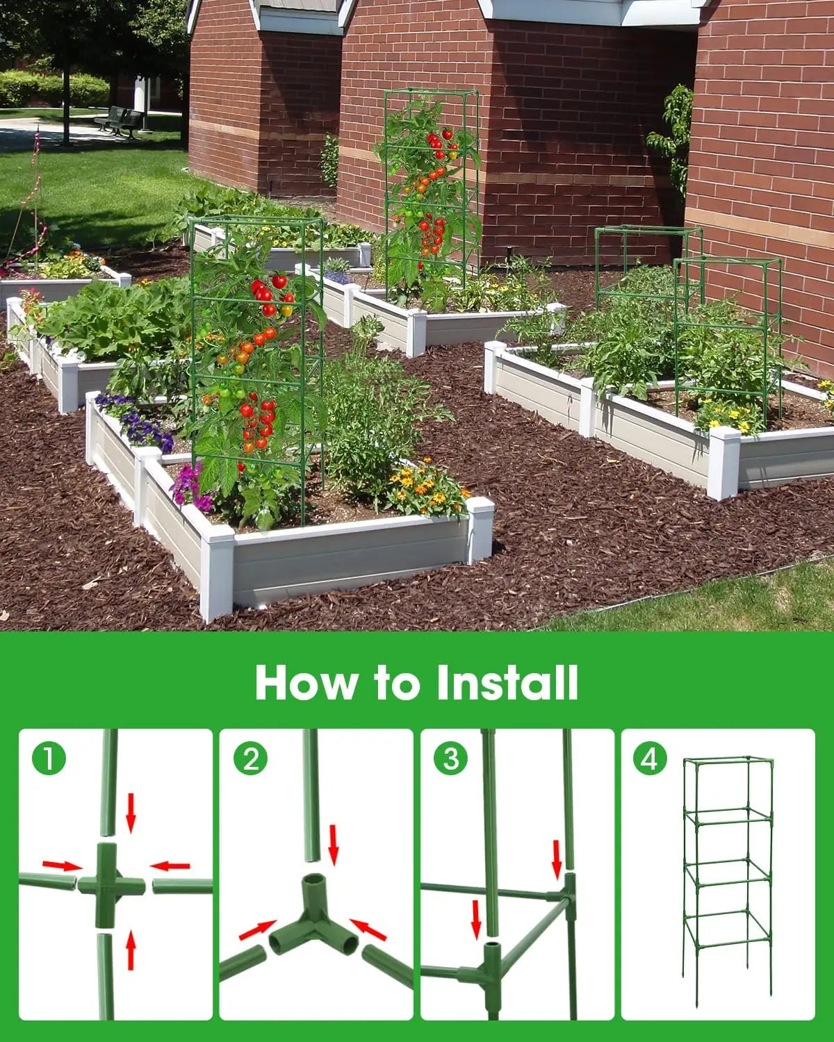Six-Pack Square Tomato Cages, Adjustable Plant Trellis