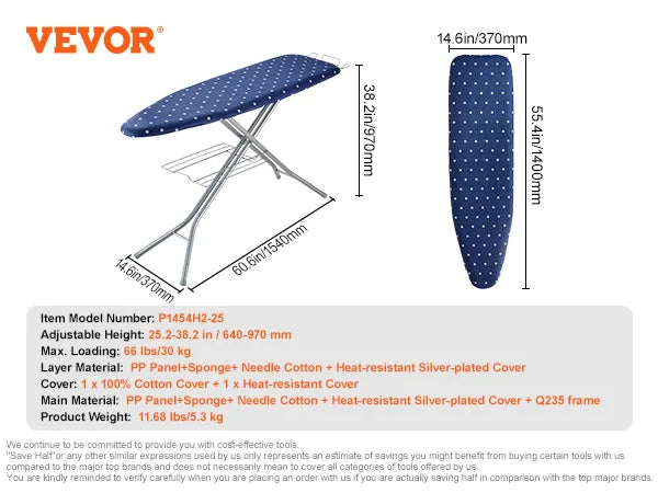 Foldable Height Adjustable Ironing Board With Removable Washable Cover