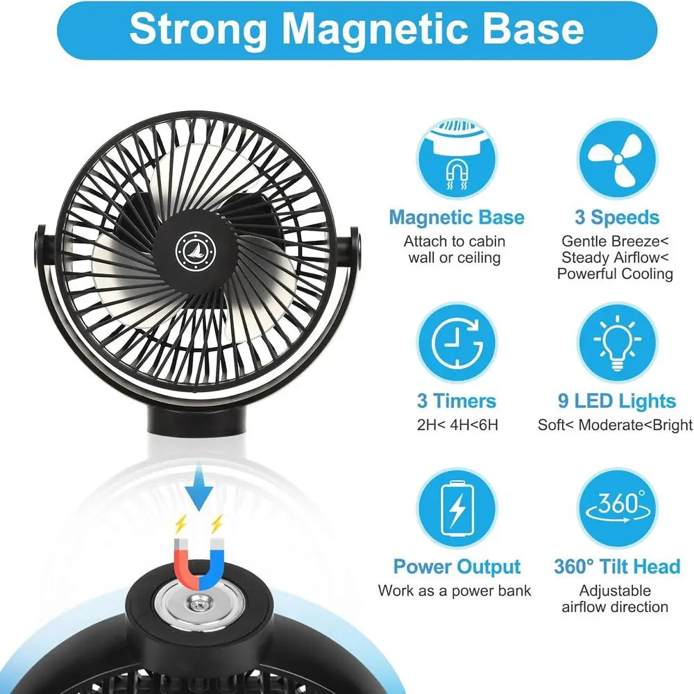 Portable 12000mAh Battery-Powered 3-Speed LED Air Circulator Fan with Timer, Power Bank, and Mounting Options for Travel (Black)