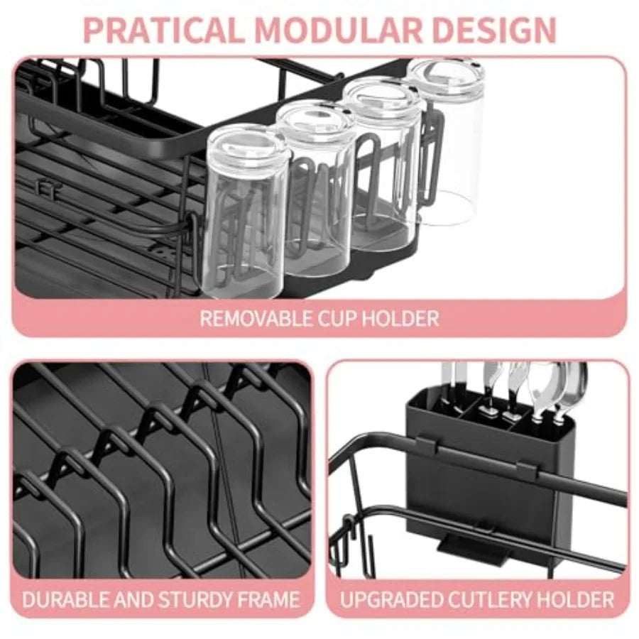 Kitchen Counter Dish Drying Rack With Drain Board Cup Holder