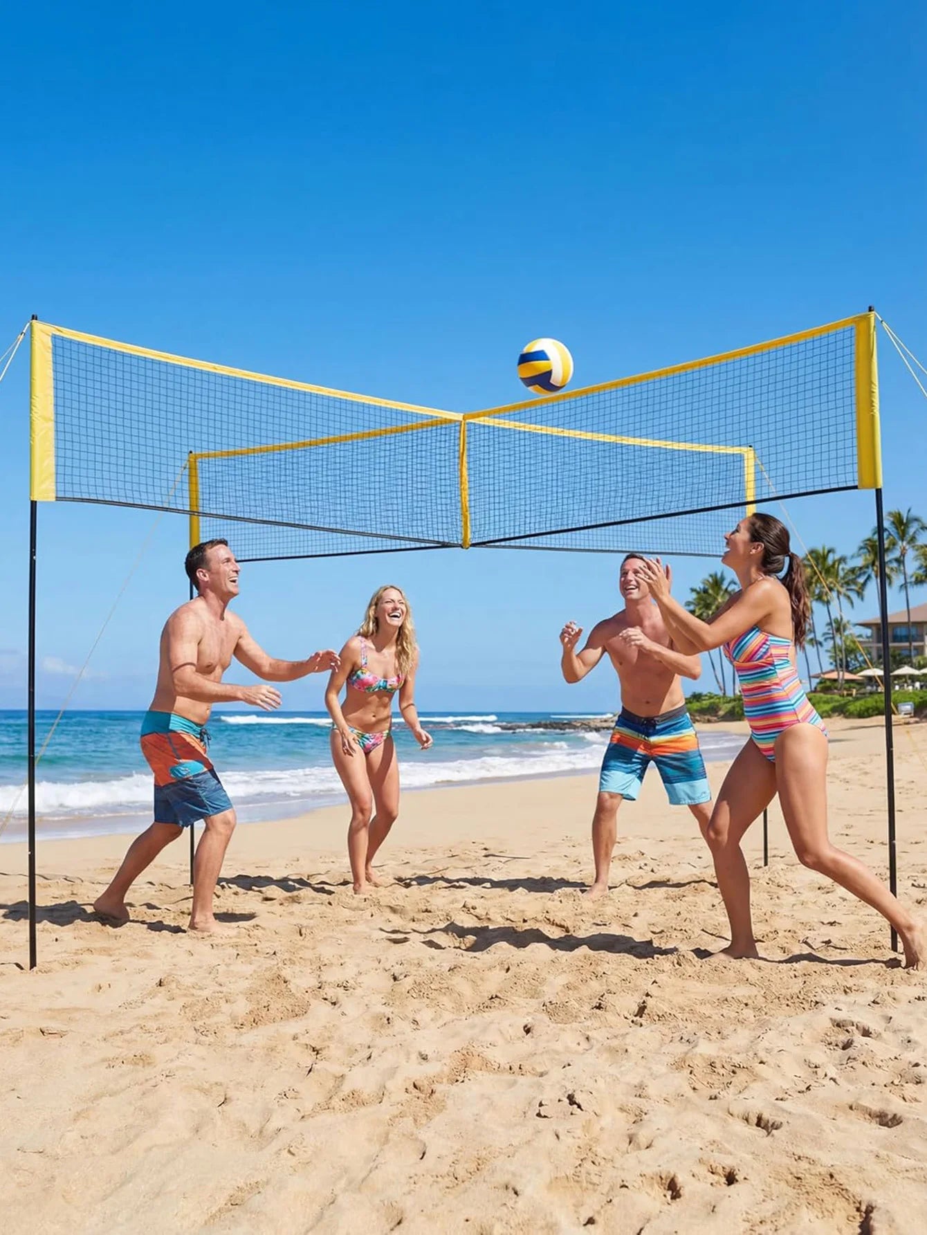 4 Square Volleyball Net Set for Backyard Beach, 3 Heights Adjustable,14 FT 4-Way Volleyball Net with Carrying Bag,for Family Fun