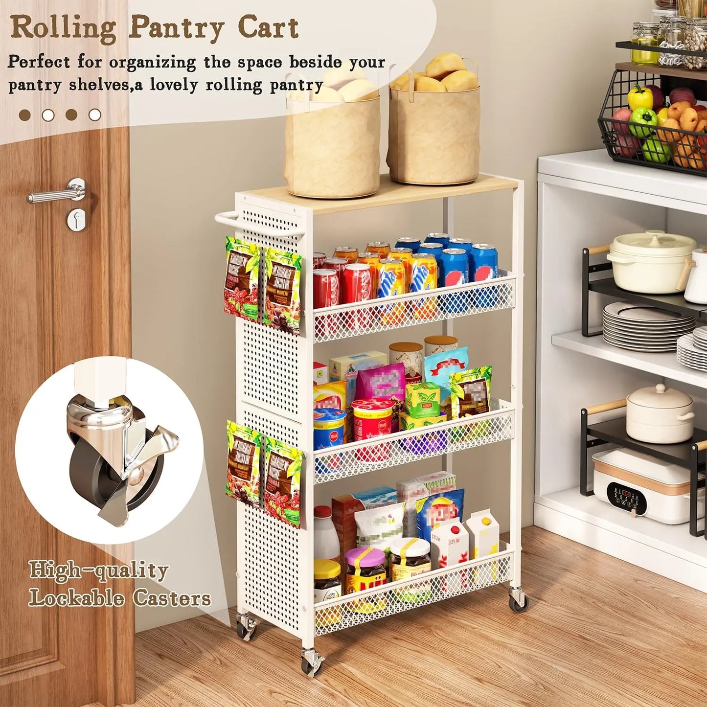 Slim Rolling Storage Cart With Wood Top And 4 Tier Shelves