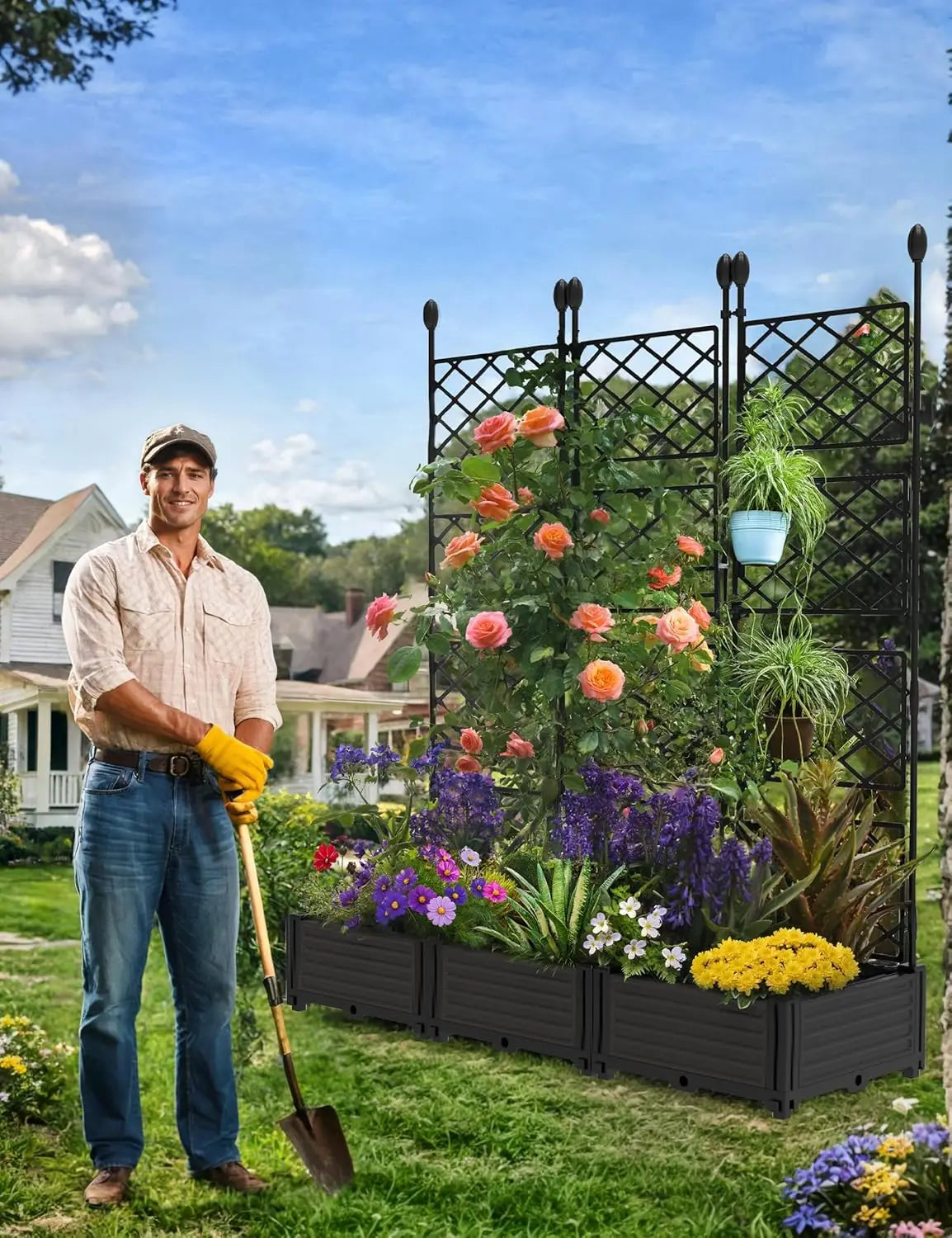 Outdoor Raised Planter Box With Trellis Set For Climbing Plants