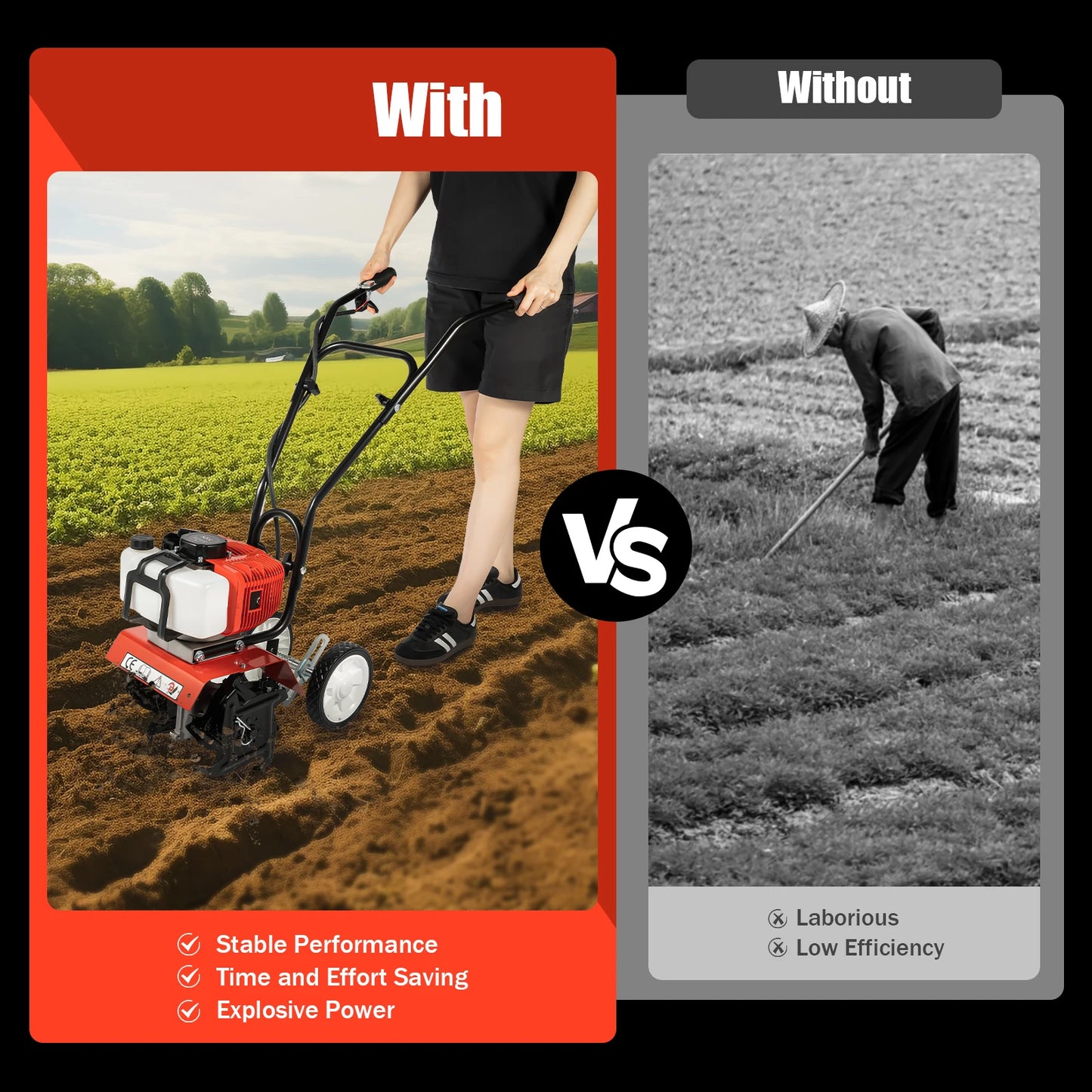 None 52cc 1700W Gas Powered Garden Tiller Cultivator Rototiller