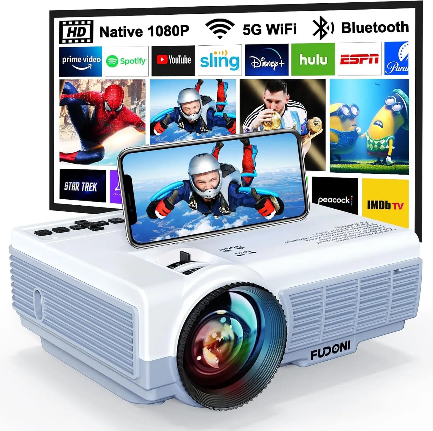 Upgrade 1080P Projector with WiFi & Bluetooth, 14000LM, 4K Supported, Portable Outdoor Home Theater, HDMI/USB/iOS/Android