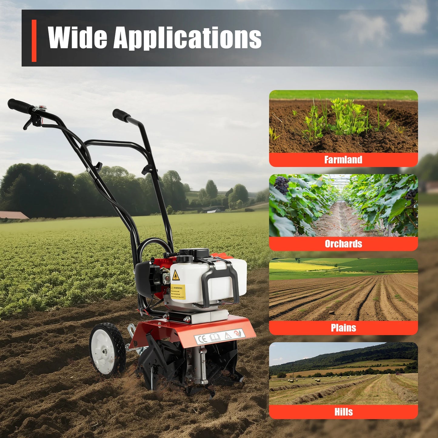 None 52cc 1700W Gas Powered Garden Tiller Cultivator Rototiller