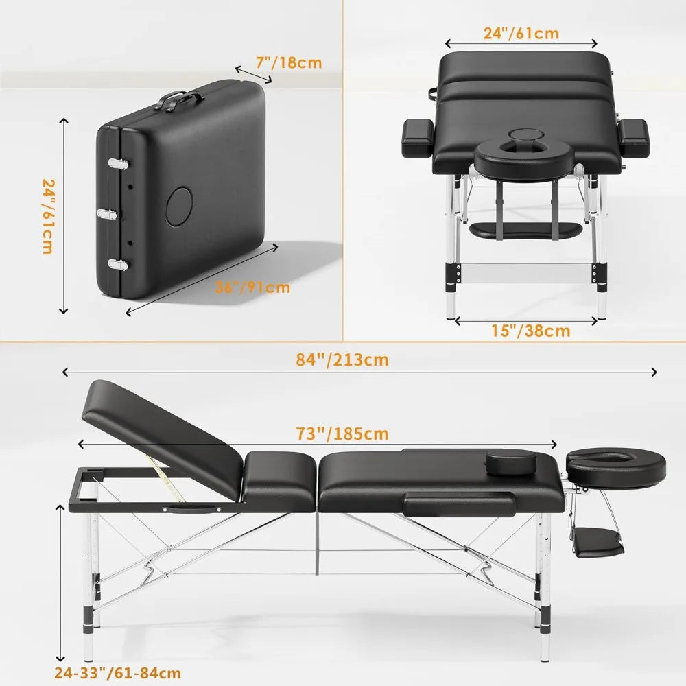 Table Portable 84" Long 24" Wide Professional 3 Sections Reclining Massage Couch, Aluminum Adjustable Esthetician Bed Tattoo