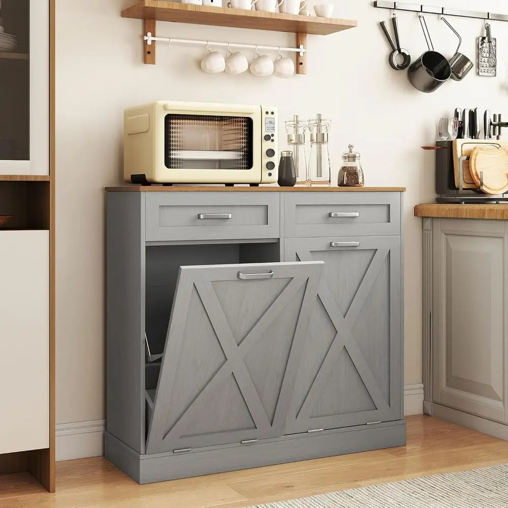 Double Tilt Out Trash and Recycling Cabinet with Hidden Drawers