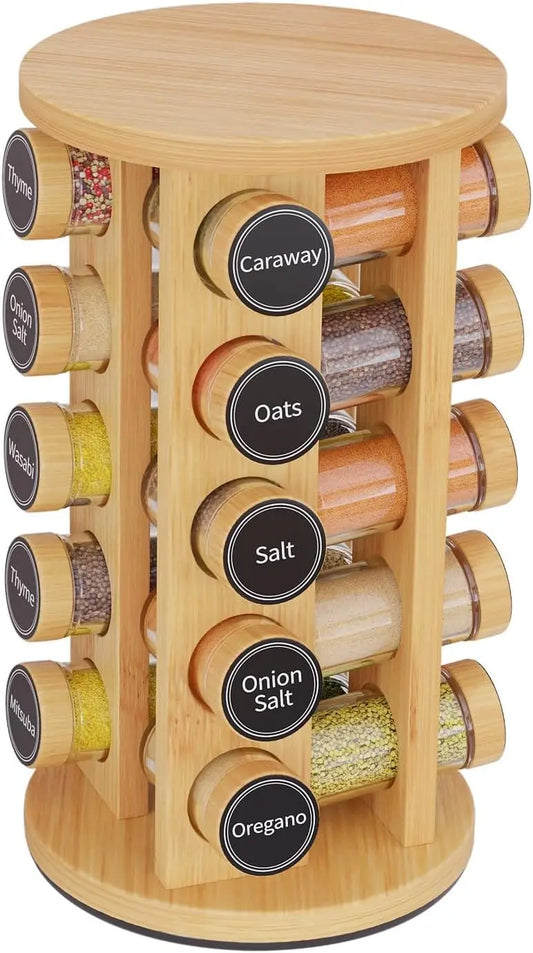 Rotating Spice Rack With 20 Jars And Labels Kitchen Organizer