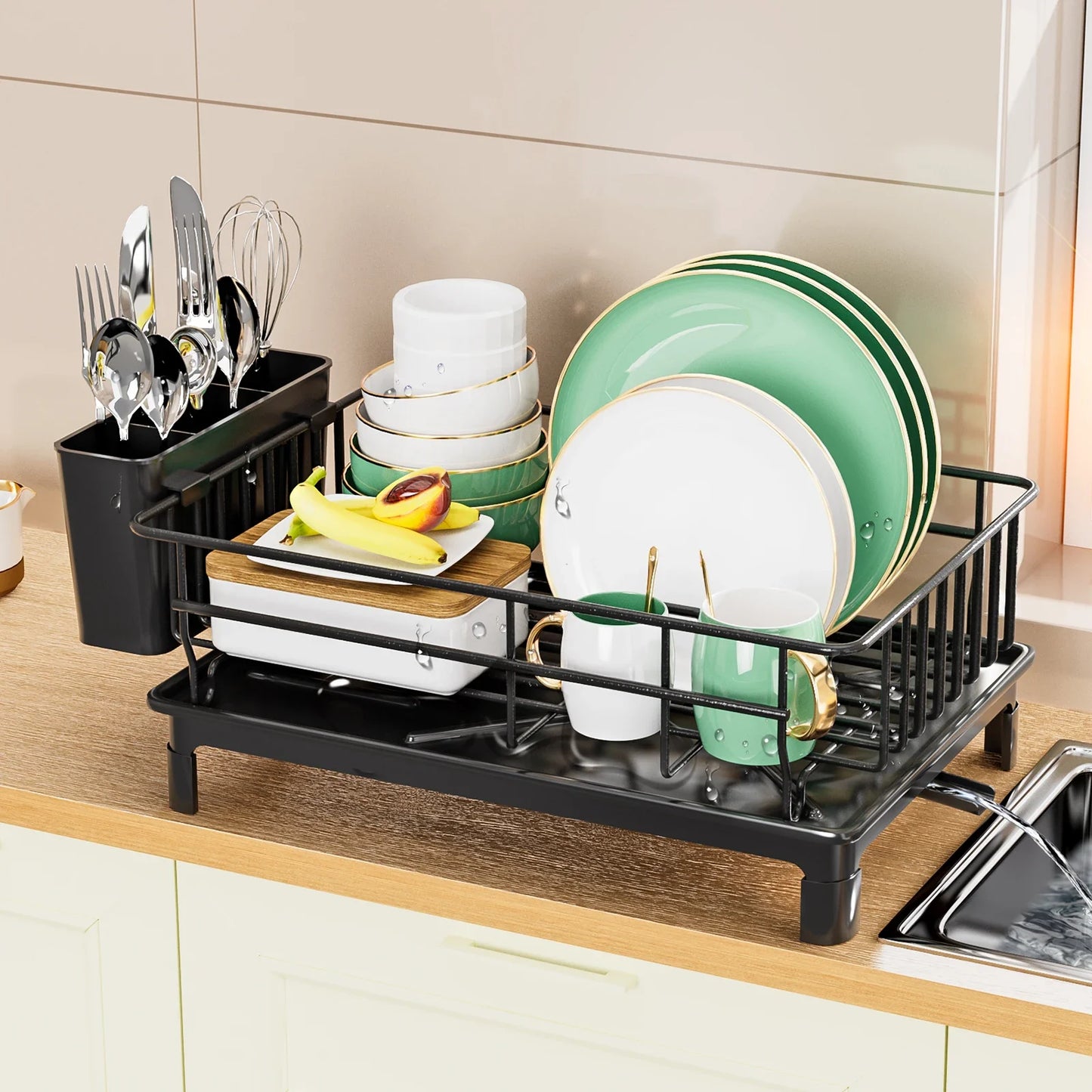 Stainless Steel Dish Rack With Drain Tray And Cup Holder