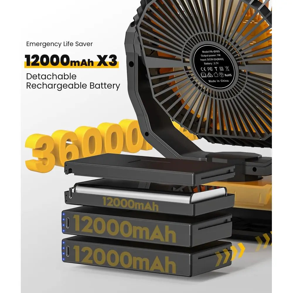 36000mAh Rechargeable Camping Fan with LED, Remote, and Detachable Battery for 150-Hour Use