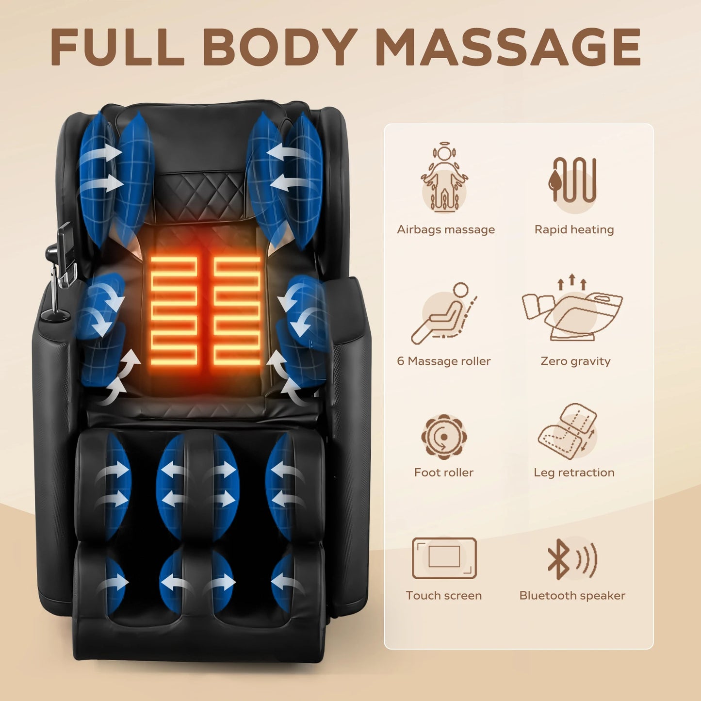 Massage Chair with Zero Gravity, Massage Chair Recliner with Heating, Airbags, Foot Roller，Bluetooth Speaker-Supports Up 180 lb