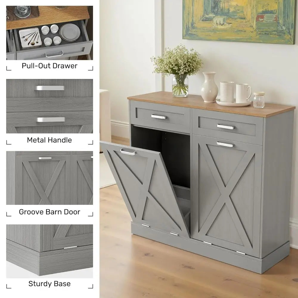 Double Tilt Out Trash and Recycling Cabinet with Hidden Drawers