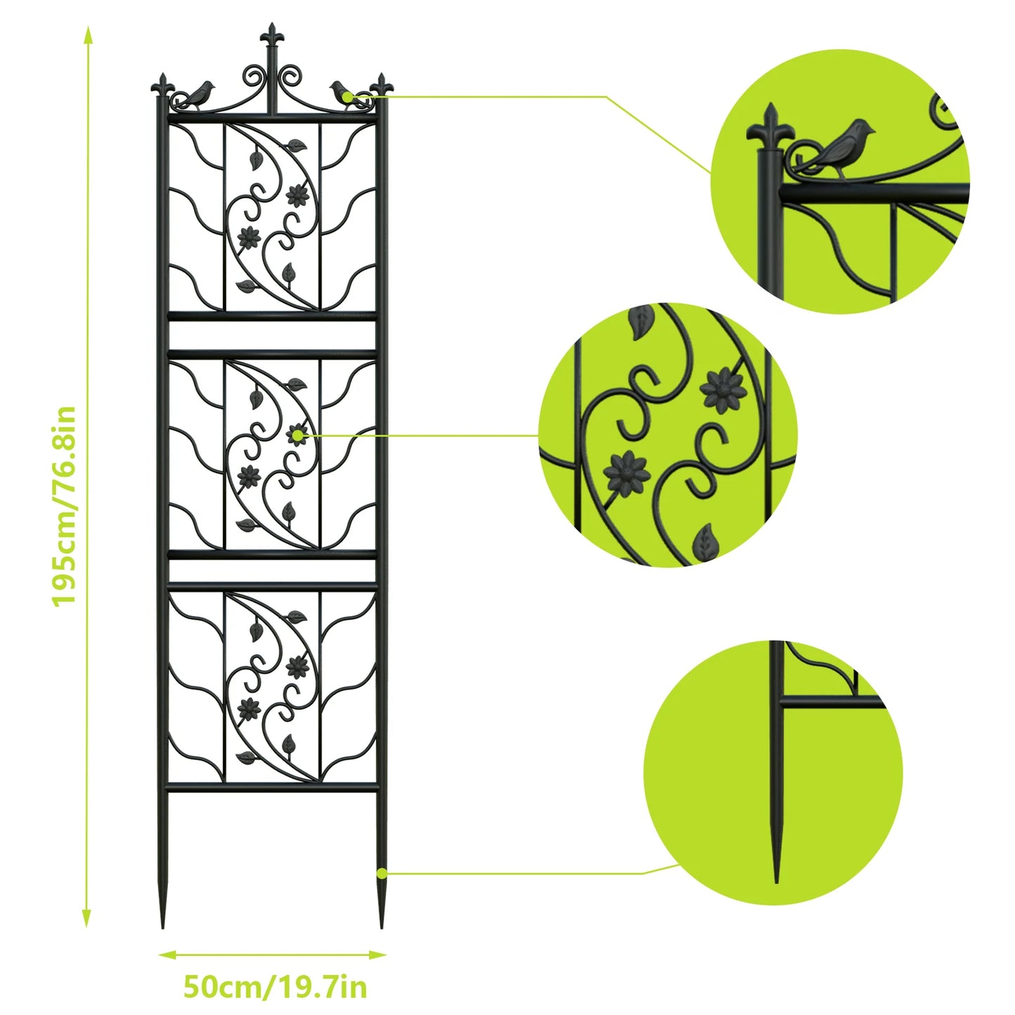2x Tall Thick Metal Garden Trellis Bird Leaf Grid Panel