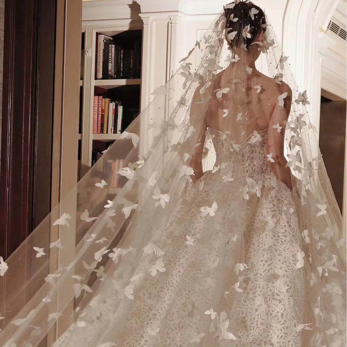Romantic Butterfly Pearl Beaded Cathedral Bridal Veil