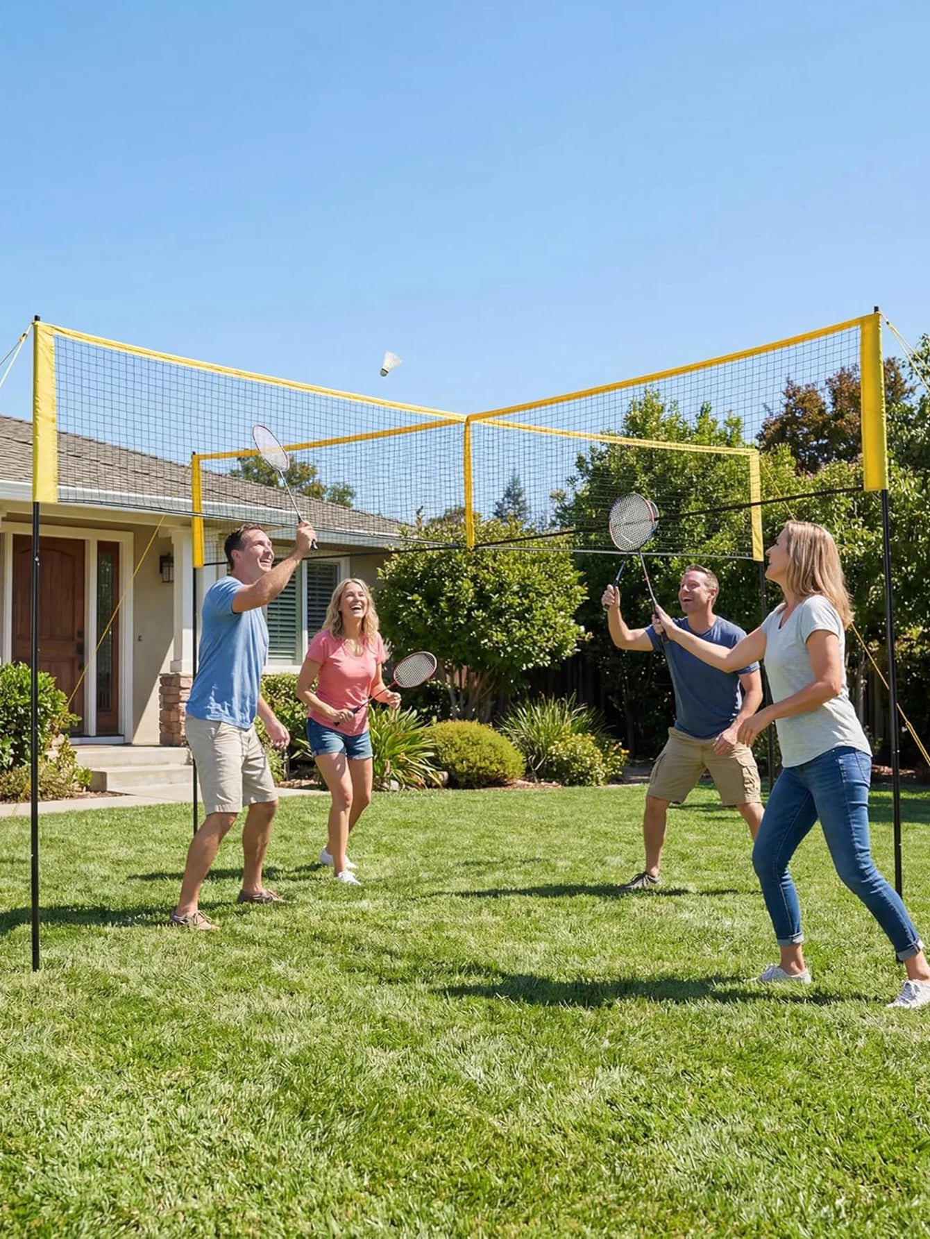 4 Square Volleyball Net Set for Backyard Beach, 3 Heights Adjustable,14 FT 4-Way Volleyball Net with Carrying Bag,for Family Fun