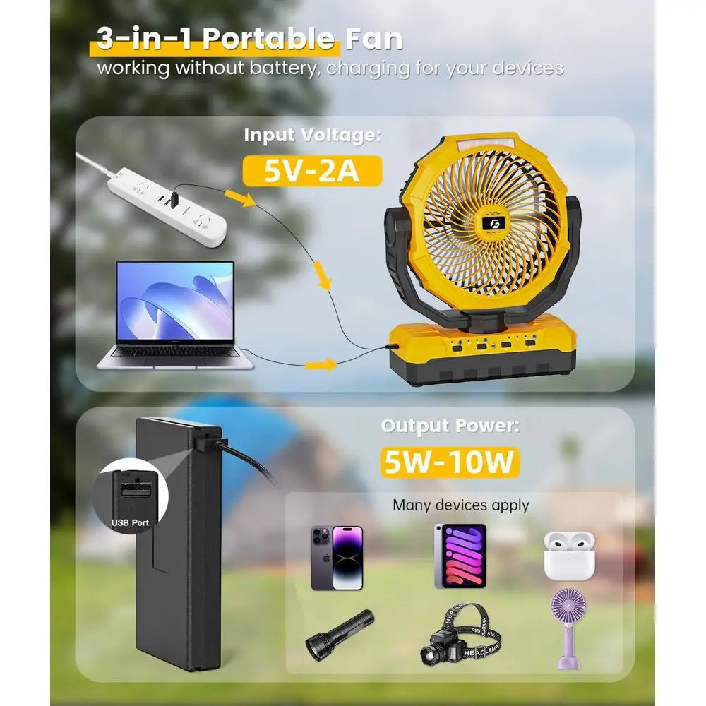 36000mAh Rechargeable Camping Fan with LED, Remote, and Detachable Battery for 150-Hour Use