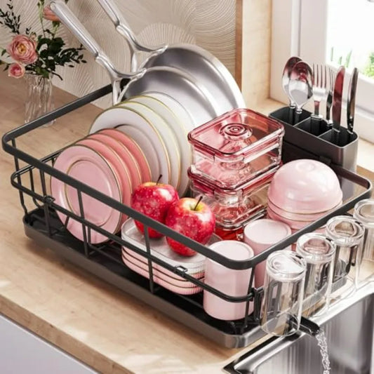 Kitchen Counter Dish Drying Rack With Drain Board Cup Holder