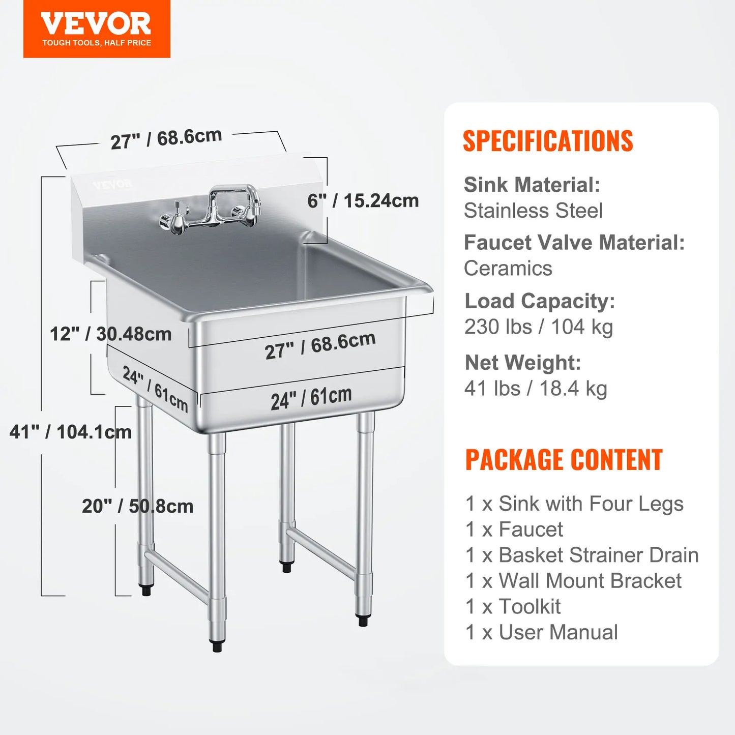 Stainless Steel Kitchen Prep Sink With Faucet For Restaurant