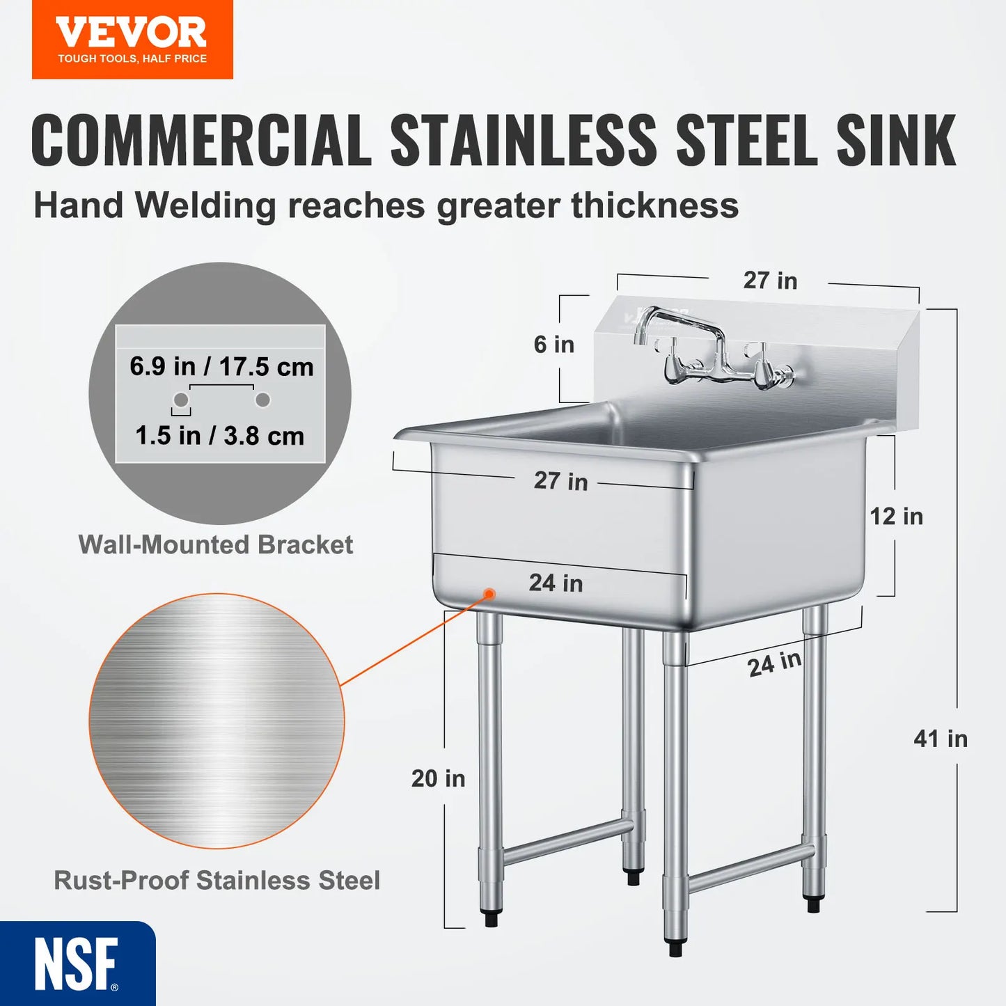 Stainless Steel Kitchen Prep Sink With Faucet For Restaurant