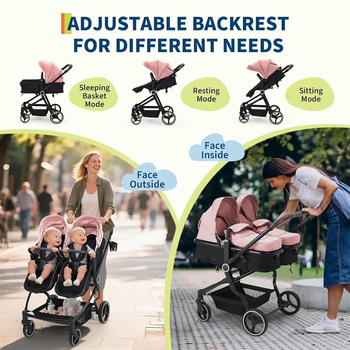HiMISS Side By Side Twin Stroller Lightweight Foldable Travel
