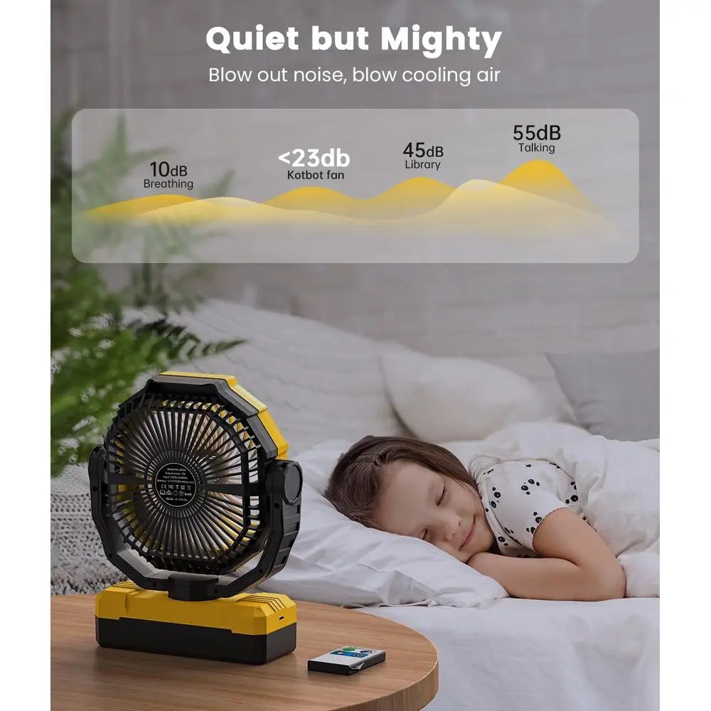 36000mAh Rechargeable Camping Fan with LED, Remote, and Detachable Battery for 150-Hour Use