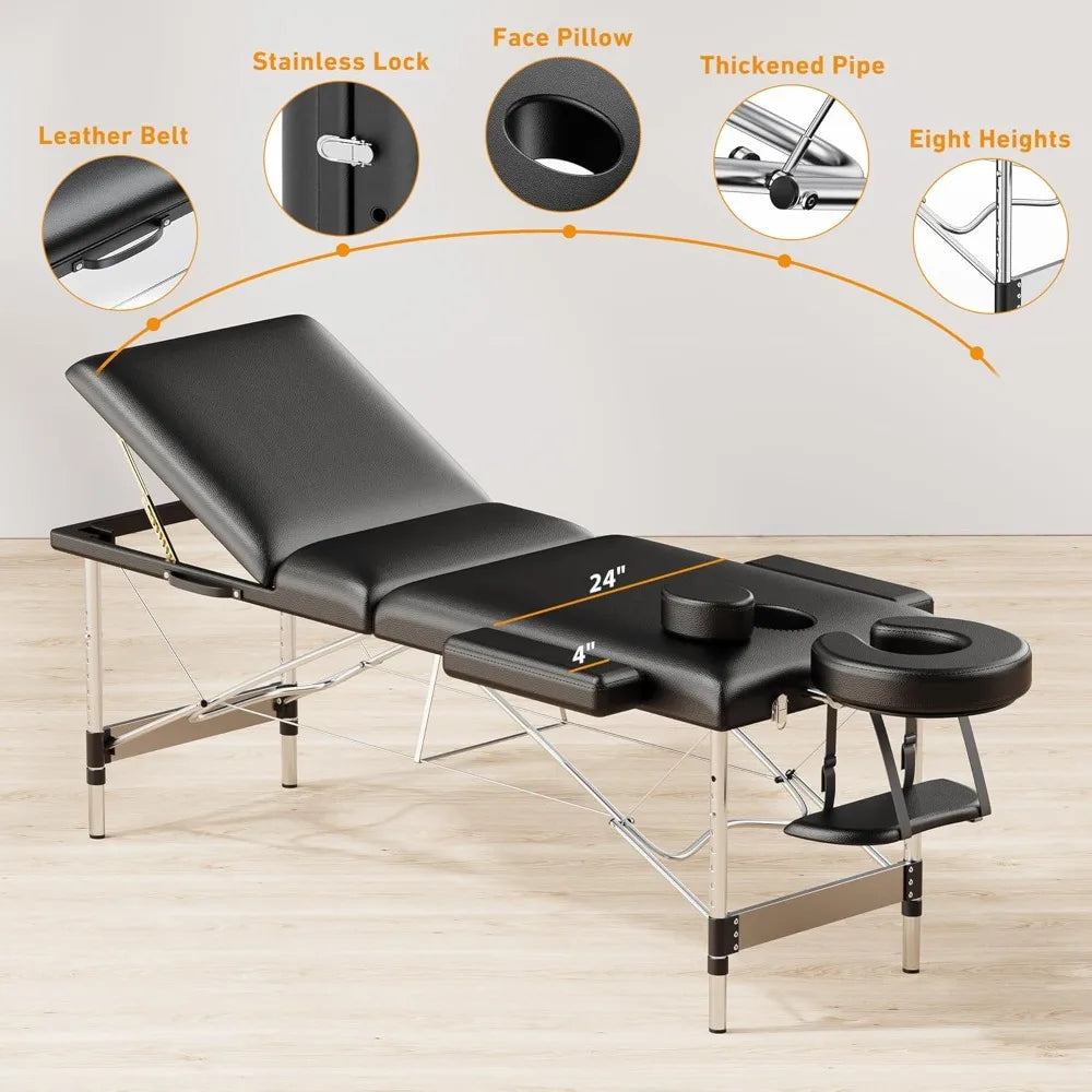 Table Portable 84" Long 24" Wide Professional 3 Sections Reclining Massage Couch, Aluminum Adjustable Esthetician Bed Tattoo