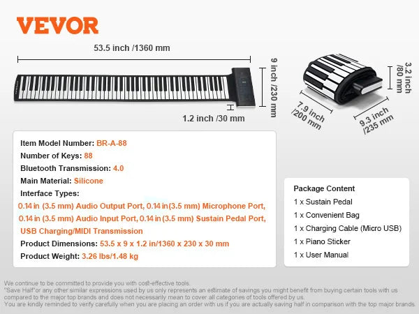 Roll Up Piano 88 Keys Portable Keyboard With Rechargeable Battery