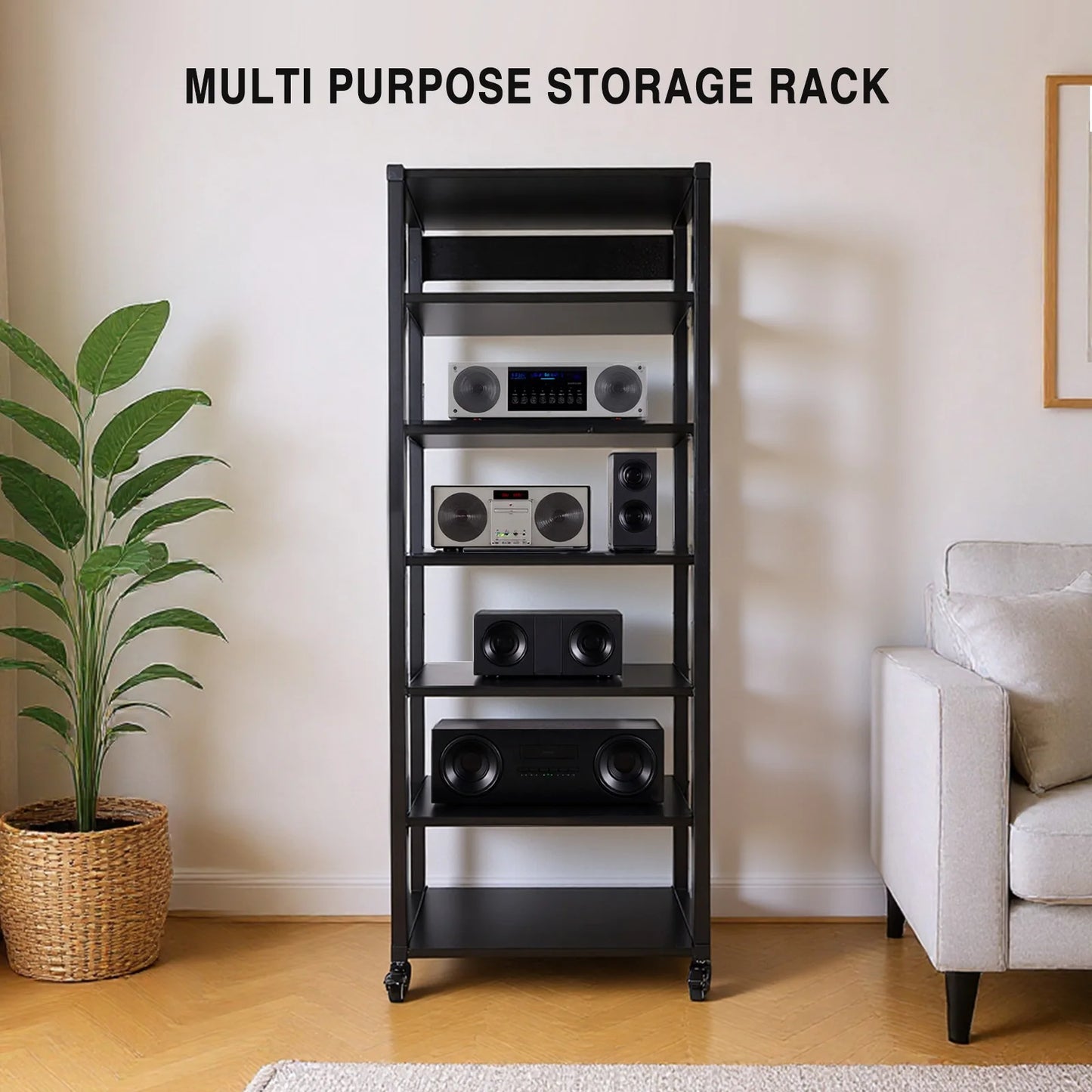 Audio Component Rack with Wheel Amplifier Rack Heavy Duty Audio-Video Shelving for CD Record Player Stereo Receiver AV Equipment